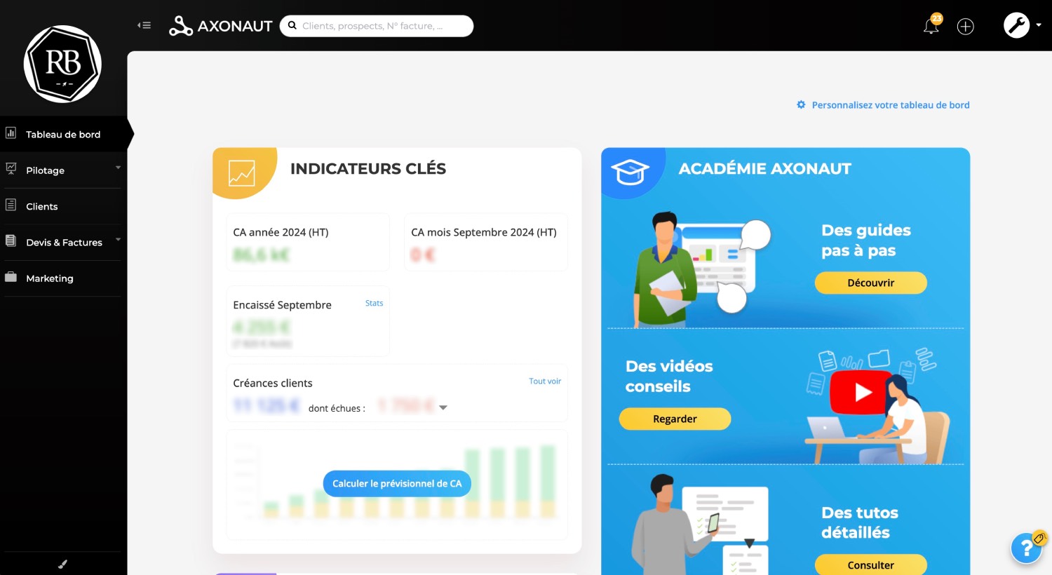 tableau de bord axonaut logiciel compta freelance